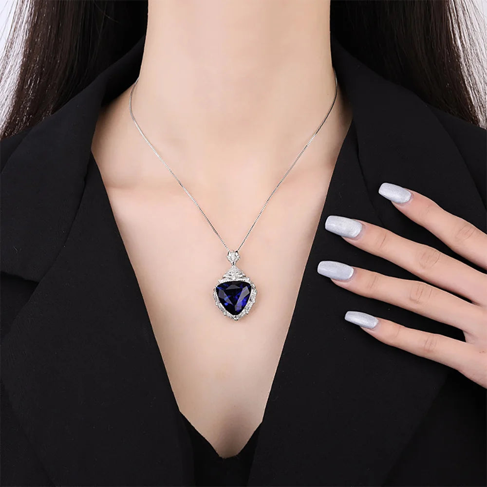 Luxury Vintage  19*20mm Sapphire Pendant Necklace for Women Full Lab Diamond Cocktail Party Fine Jewelry Accessories Female Gift