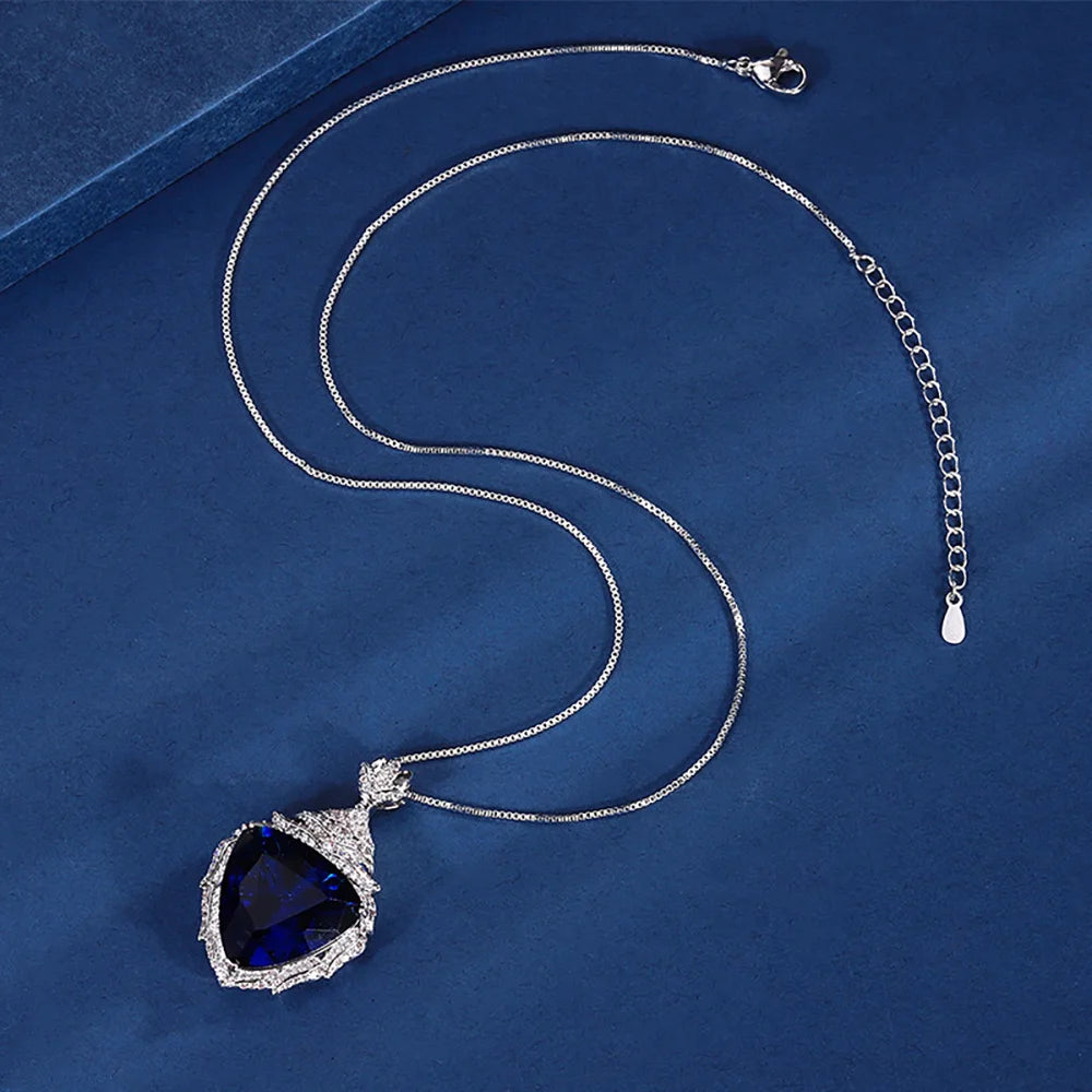 Luxury Vintage  19*20mm Sapphire Pendant Necklace for Women Full Lab Diamond Cocktail Party Fine Jewelry Accessories Female Gift