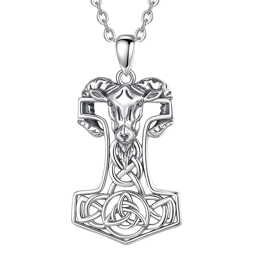 Eudora 925 Sterling Silver Norse Viking Thor's Hammer Mjolnir Rune Necklace Goat Celtic Knot Amulet Pendant Personality Jewelry