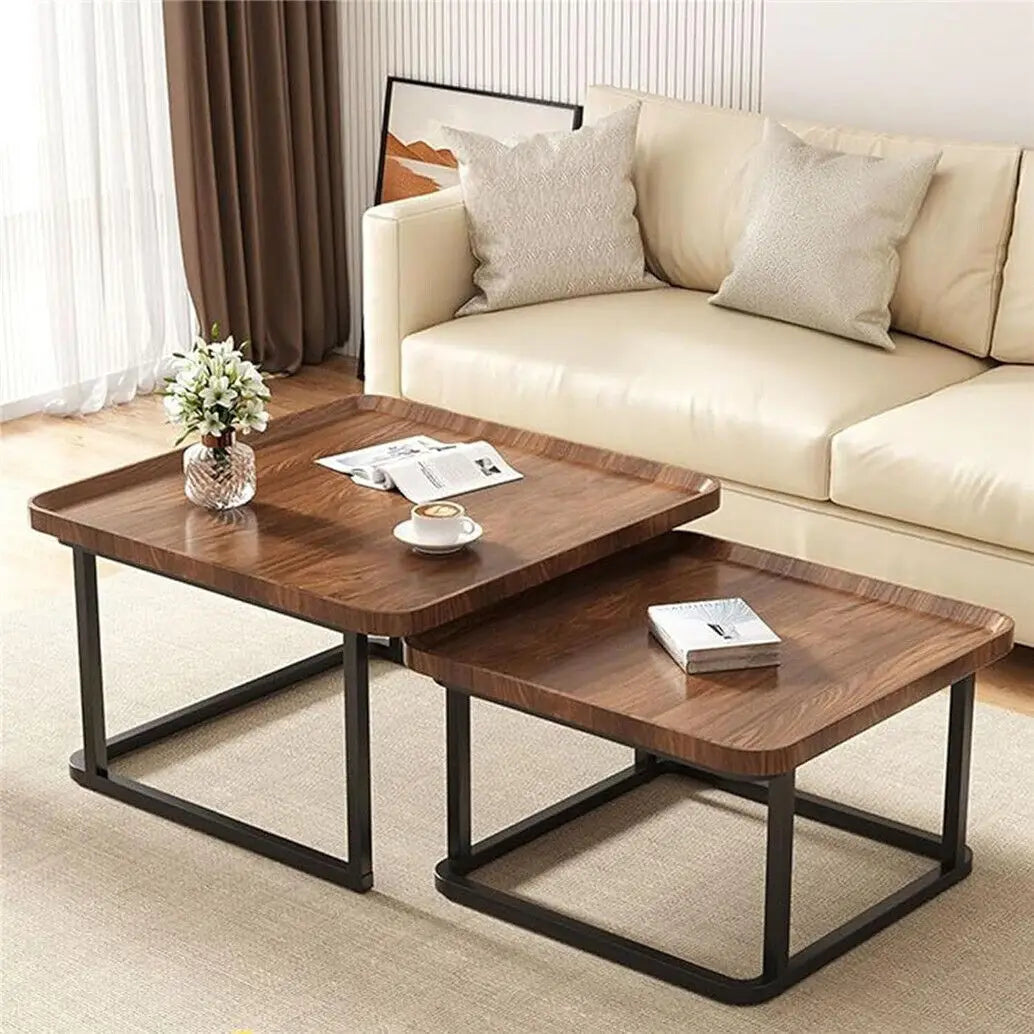 LUVODI Set of 2 Industrial Coffee Table Retro Square Wooden Center Tea Table Living Room Sofa Table with Metal Base