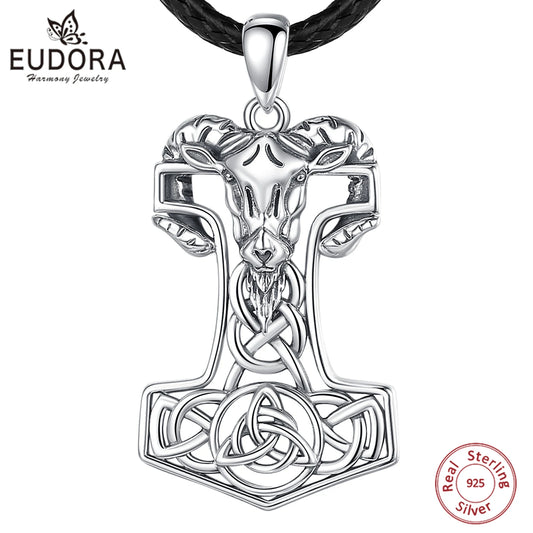 Eudora 925 Sterling Silver Norse Viking Thor's Hammer Mjolnir Rune Necklace Goat Celtic Knot Amulet Pendant Personality Jewelry