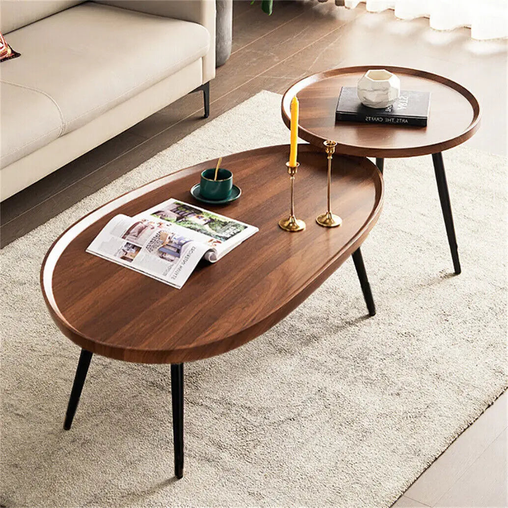 LUVODI Set of 2 Industrial Coffee Table Retro Square Wooden Center Tea Table Living Room Sofa Table with Metal Base