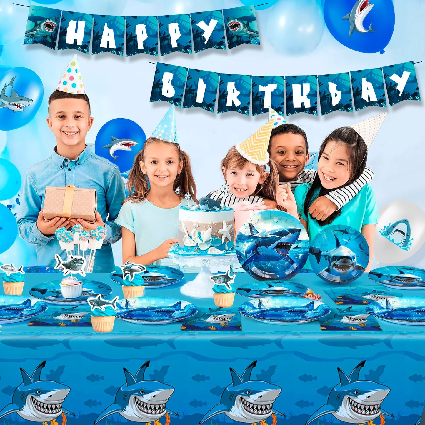 Shark Party Supplies,67 Pcs Shark Birthday Party Decorations & Shark Party Tableware Set -Plates and Napkins Tablecloths