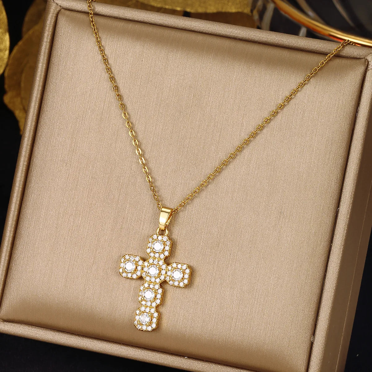 Multicolor Zircon Big Cross Pendant Female Luxury Clavicle Necklaces For Women Stainless Steel Chains Wedding Party Neck Jewelry