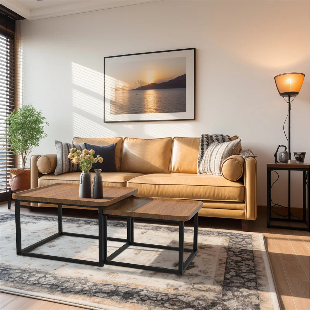 LUVODI Set of 2 Industrial Coffee Table Retro Square Wooden Center Tea Table Living Room Sofa Table with Metal Base