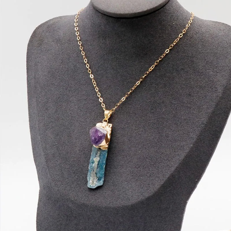 Natural bluestone pendant bluestone with amethyst necklace irregular bluestone blue crystal necklace Crystals and Healing Stones