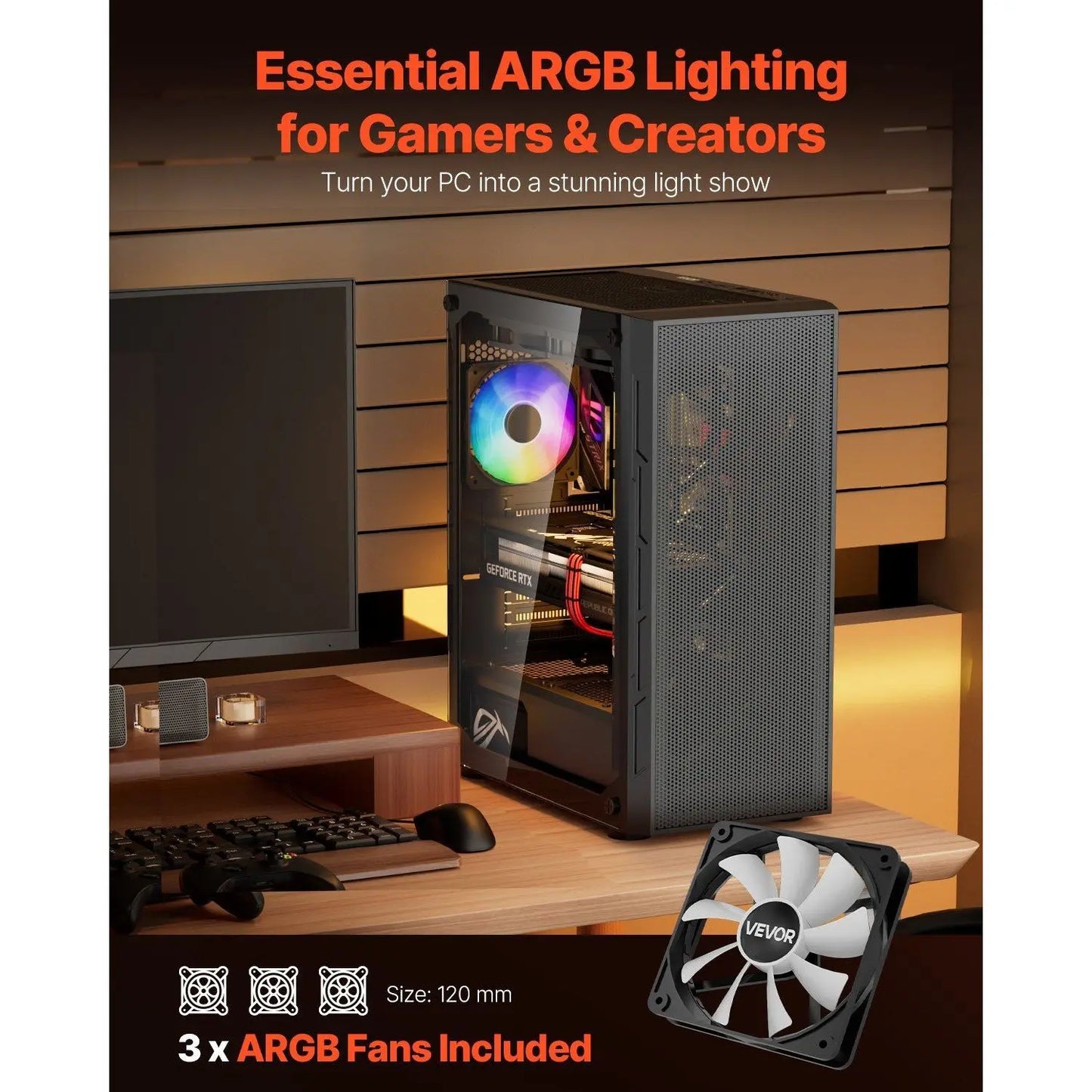 Mid-Tower PC Gaming Case with 3 X 120 mm ARGB Fans Compatible for ATX Motherboard for Computer Users