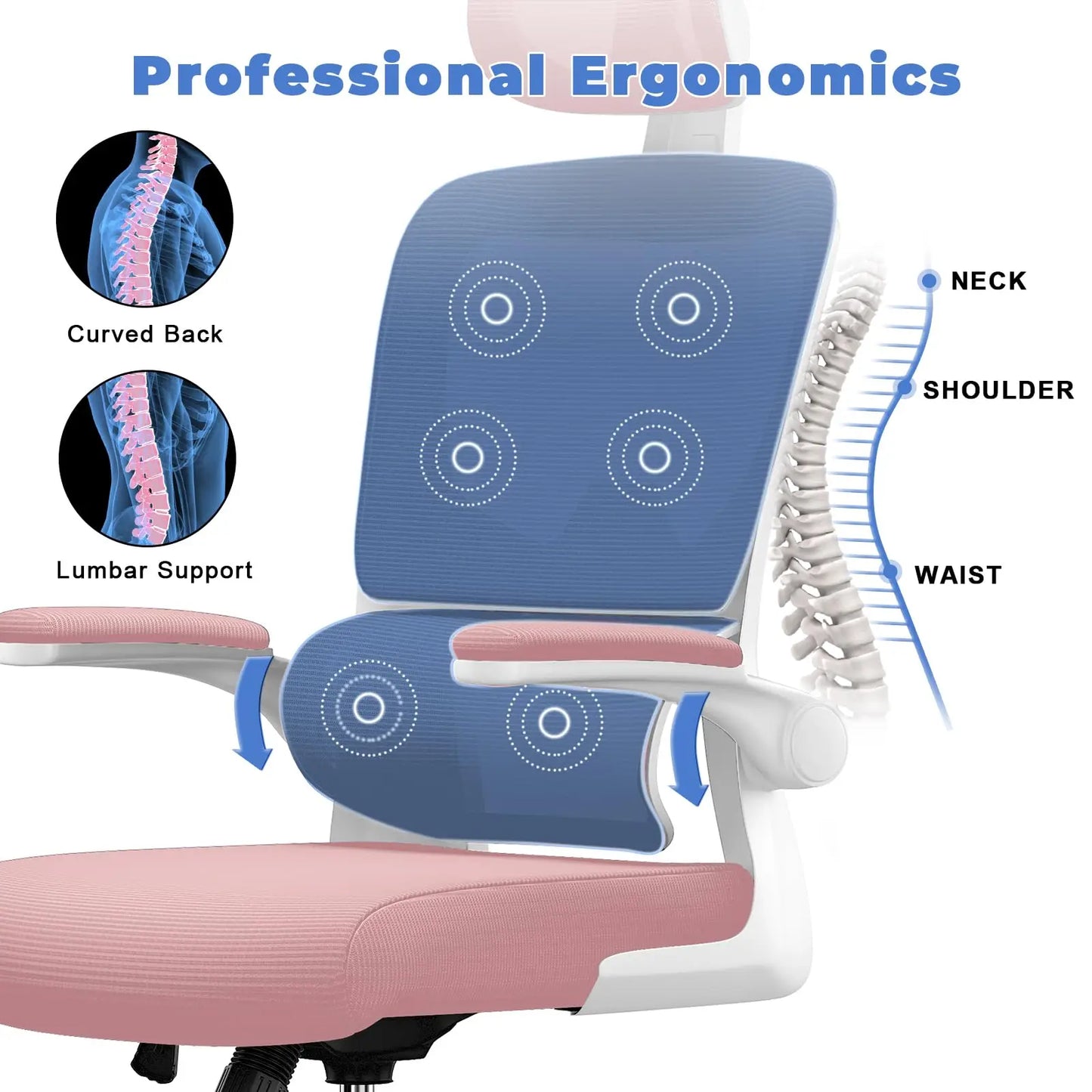 Ergonomic Office Chair Desk Chair with C-shaped Lumbar Support Adjustable Headrest and Reversible Armrest for Home Office Study
