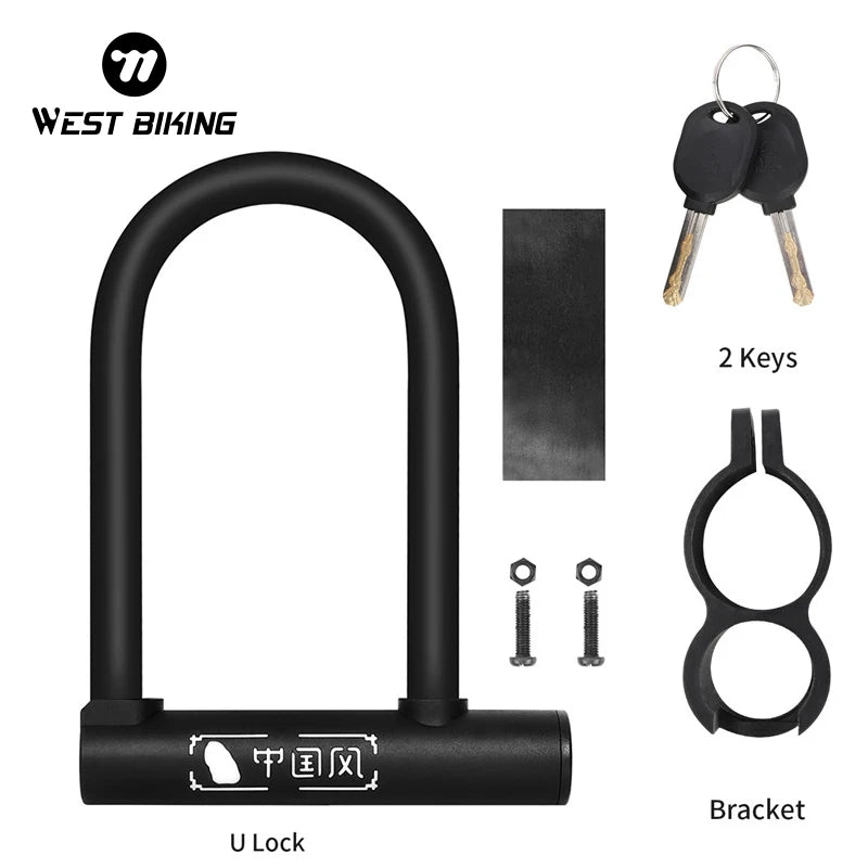 WEST BIKING Bicycle U Lock Portable Zinc Alloy MTB Road Bike Padlock Anti-theft Safety Lock Motorcycle E-Bike Cycling Accessory