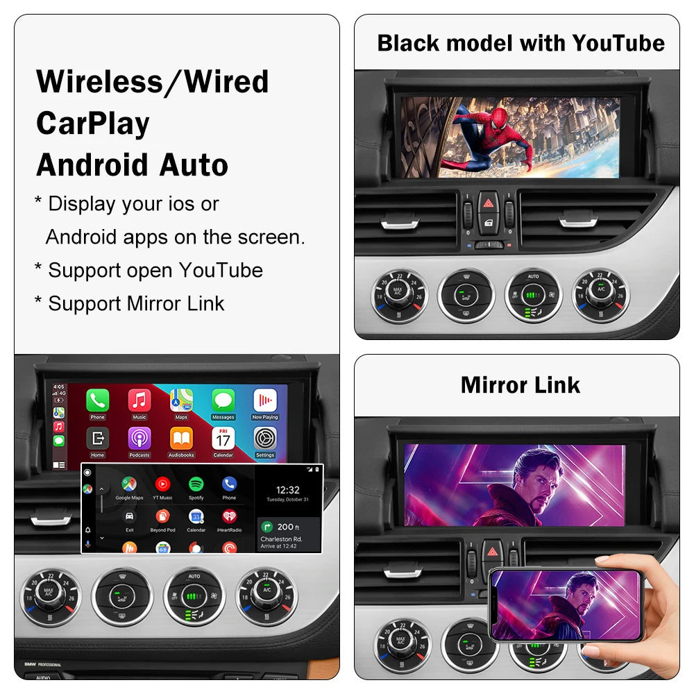 Road Top Wireless CarPlay for BMW Z4 E89 2009-2018, with Android Auto Mirror Link AirPlay Camera View USB Car Play Function