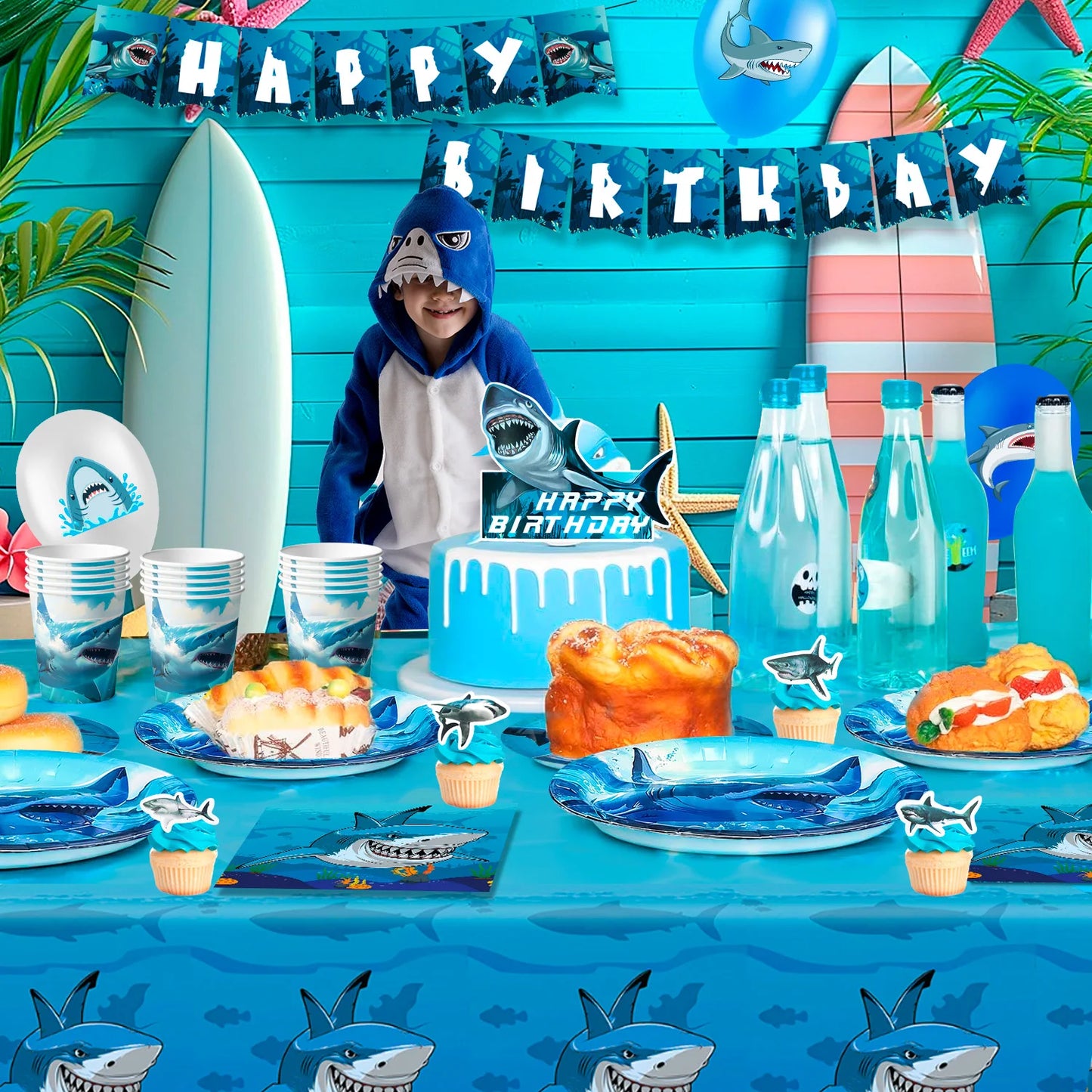 Shark Party Supplies,67 Pcs Shark Birthday Party Decorations & Shark Party Tableware Set -Plates and Napkins Tablecloths