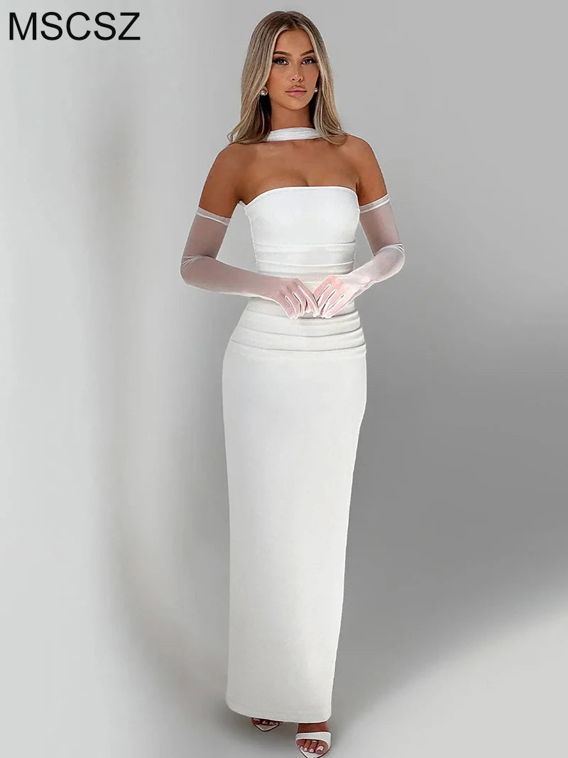 MSCSZ Elegant Strapless Long Dresses For Women Off Shoulder Backless Bodycon Maxi Dress Sexy Party Evening Dress With Gloves