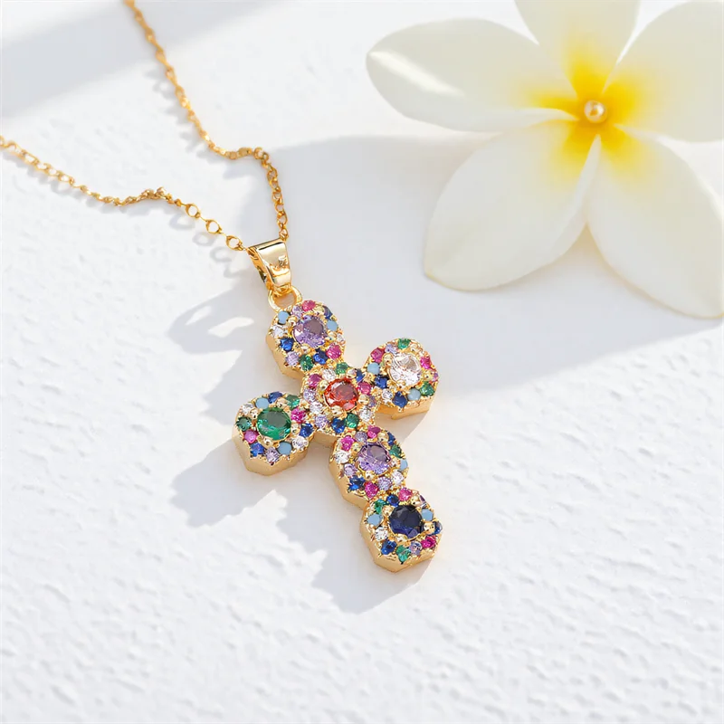 Multicolor Zircon Big Cross Pendant Female Luxury Clavicle Necklaces For Women Stainless Steel Chains Wedding Party Neck Jewelry