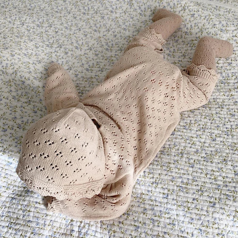 Newborn Baby Boys Girls Knitted Jumpsuit Climbing +Hat Suit Hollowed Out Clothing Romper Children's Casual Baby Soft Clothes