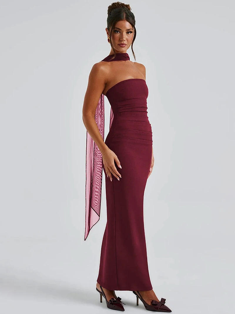MSCSZ Elegant Strapless Long Dresses For Women Off Shoulder Backless Bodycon Maxi Dress Sexy Party Evening Dress With Gloves