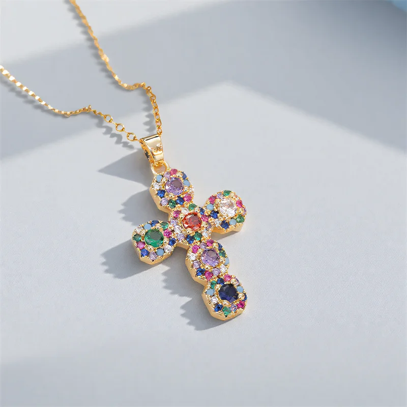 Multicolor Zircon Big Cross Pendant Female Luxury Clavicle Necklaces For Women Stainless Steel Chains Wedding Party Neck Jewelry