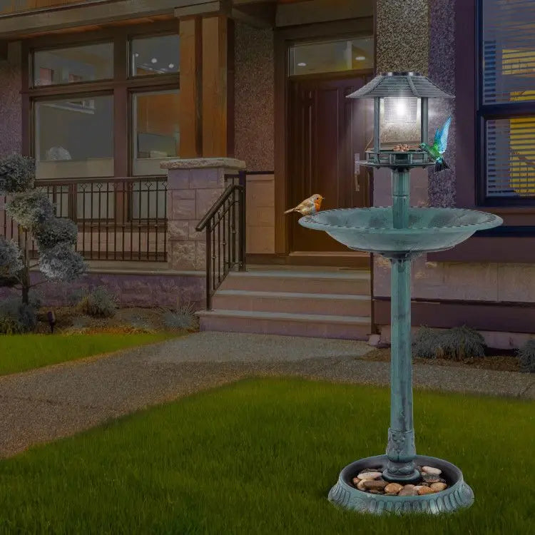 Solar-Powered Pedestal Bird Bath Featuring a Bird Feeder and Flower Planter for Garden Lighting