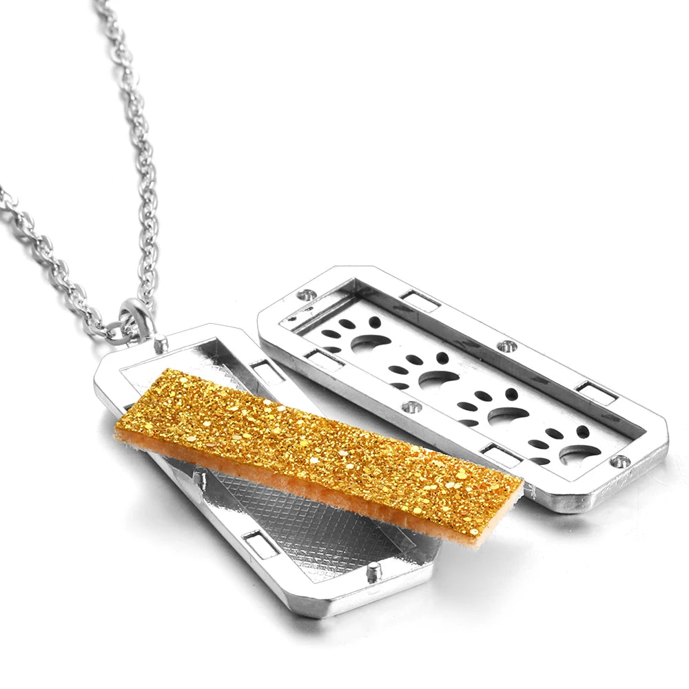 Rectangle Pendant Stainless Steel Magnetic Perfume Necklace Aromatherapy Essential Oil Diffuser Locket Fashion Necklace Jewelry