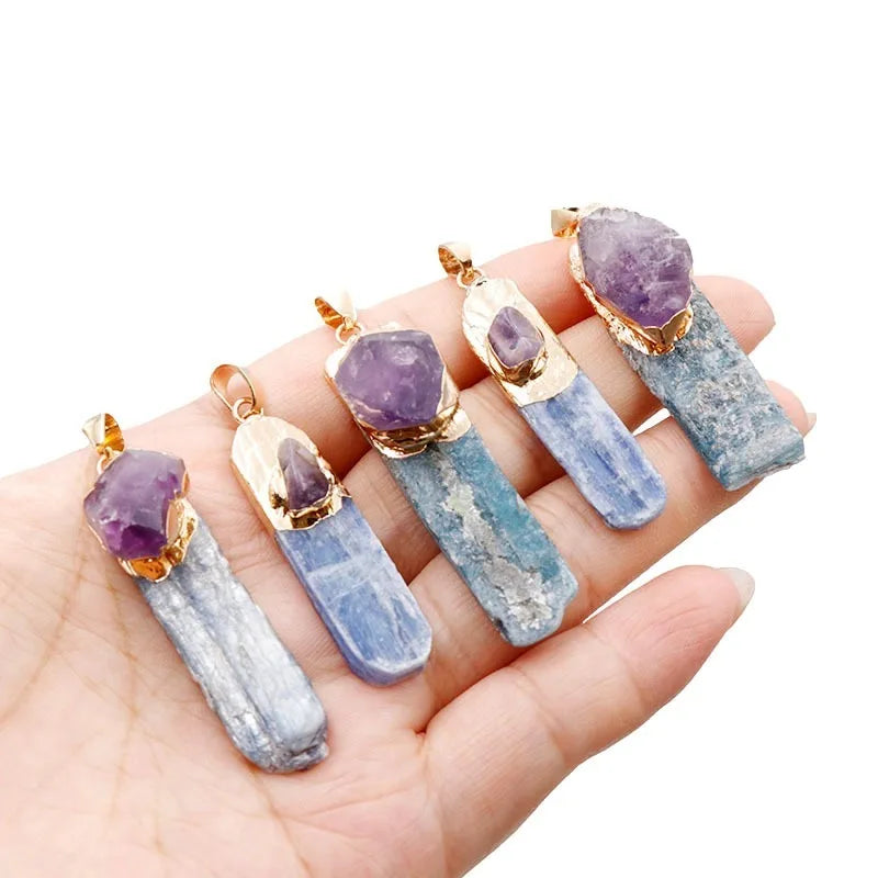 Natural bluestone pendant bluestone with amethyst necklace irregular bluestone blue crystal necklace Crystals and Healing Stones