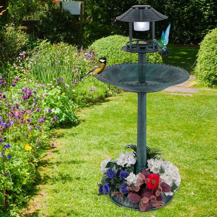 Solar-Powered Pedestal Bird Bath Featuring a Bird Feeder and Flower Planter for Garden Lighting